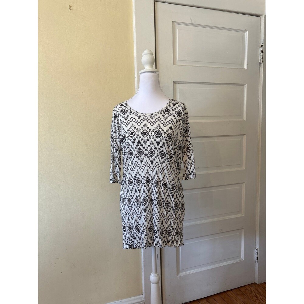 Women's black white scoop neck high low tunic top Tshirt western geometric NEW